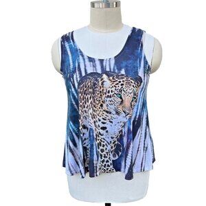 Women's Big Bang - Blue and White Tie Dye Jeweled Leopard Print Sleeveless Tank